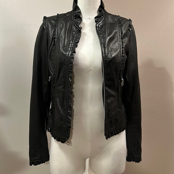 ❌Kenna-t Black Soft Leather Bomber Biker Moto Jacket Ruffle Leopard Lining Small - Picture 1 of 14
